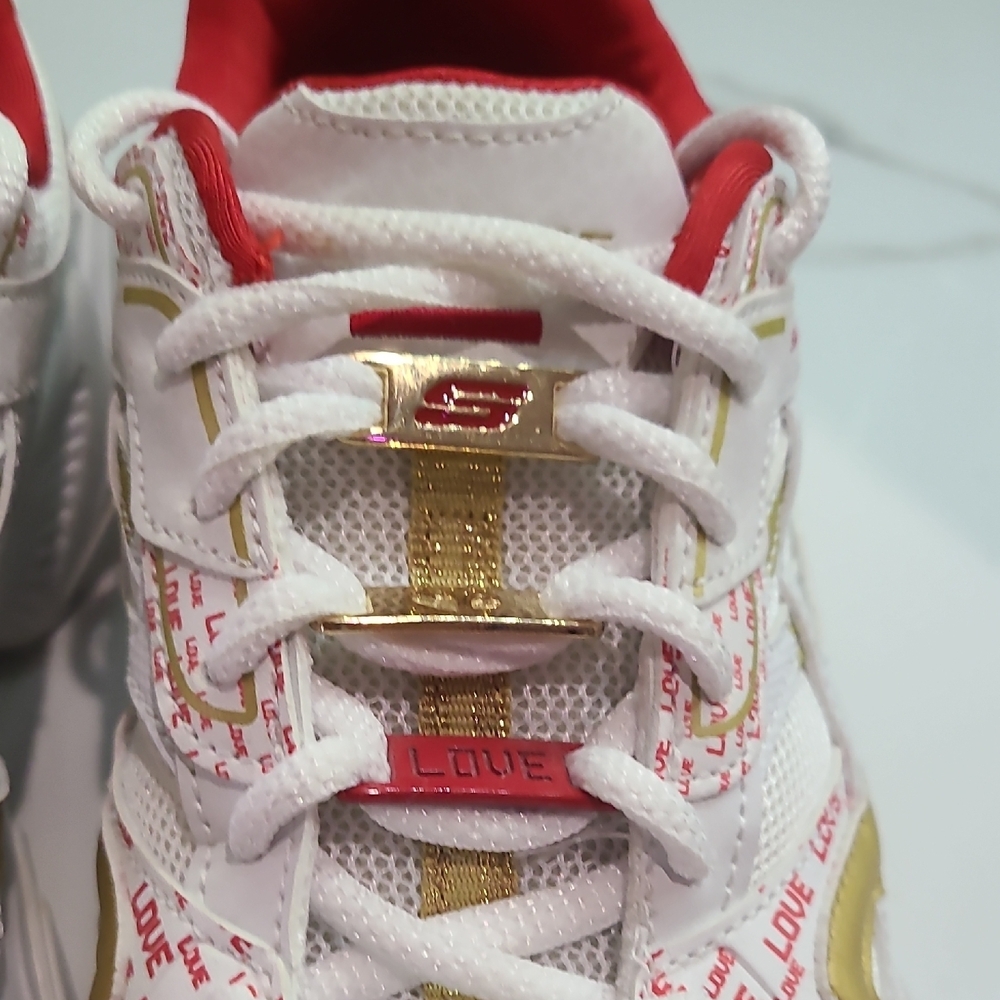 Skechers White Sneakers with Red Lining and Gold Accents - Picture 3 of 7